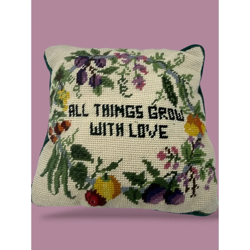 Vintage Needlepoint Floral Pillow All Things Grow With Love Green Velvet 9x9